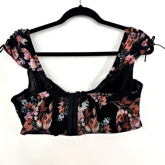 Torrid Curve Longline Bralette XL Floral Black Cap Sleeve Drawstring Mesh Bow - Picture 4 of 7